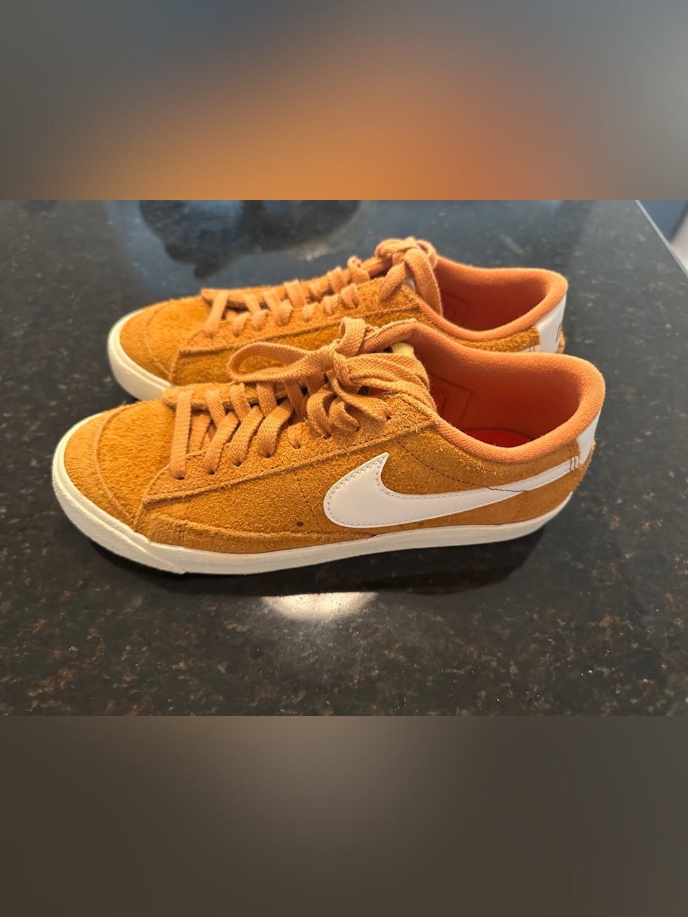 Nike Suede Low-Top Sneakers in Mustard/Orange with White Swoosh